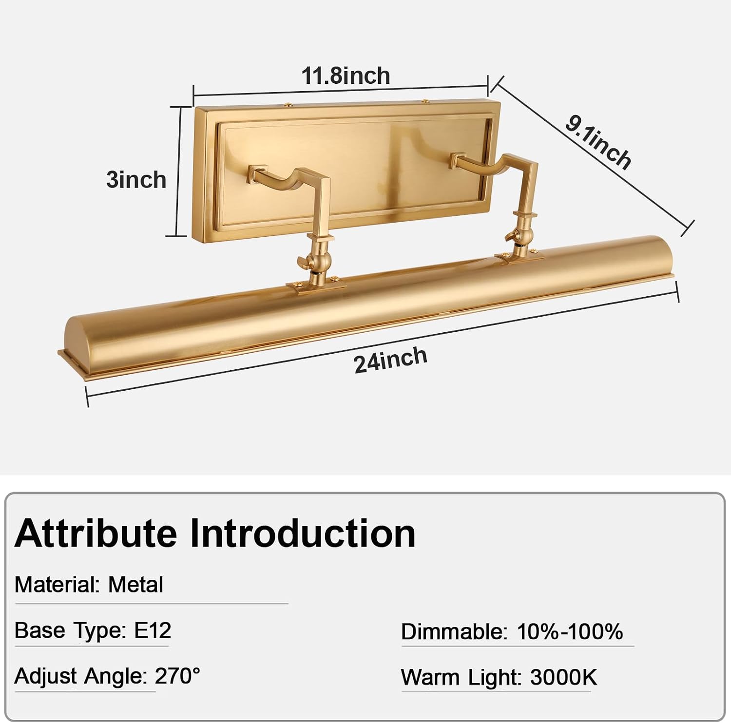 ADISUN 24 Inch Gold Picture Light, Picture Lights for Wall with 270° Adjustable Swing Arm, 3-Light, Hardwired, Vintage Wall Picture Light for Artwork, Poster, Photo(Exclude Bulb)
