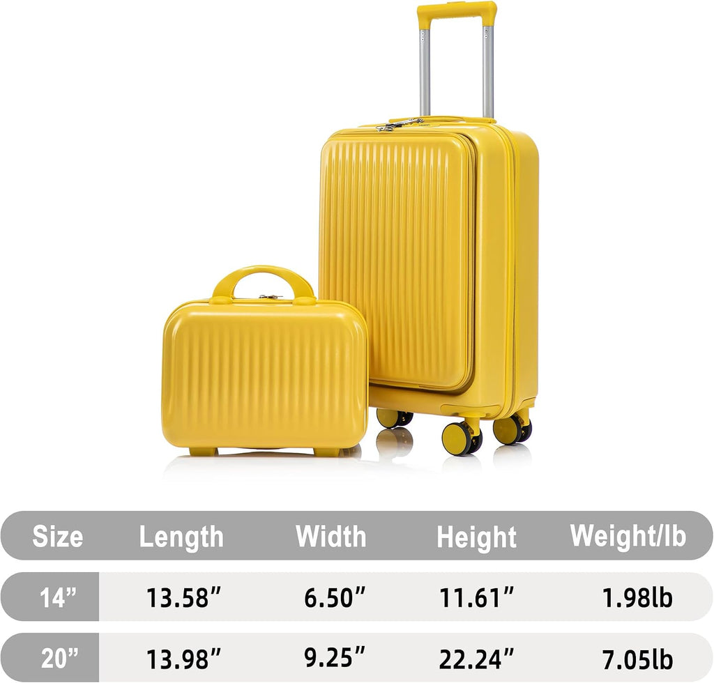 Two-piece luggage set with swivel wheels black hard shell 20-inch carry-on and 14-inch vanity case (Yellow)