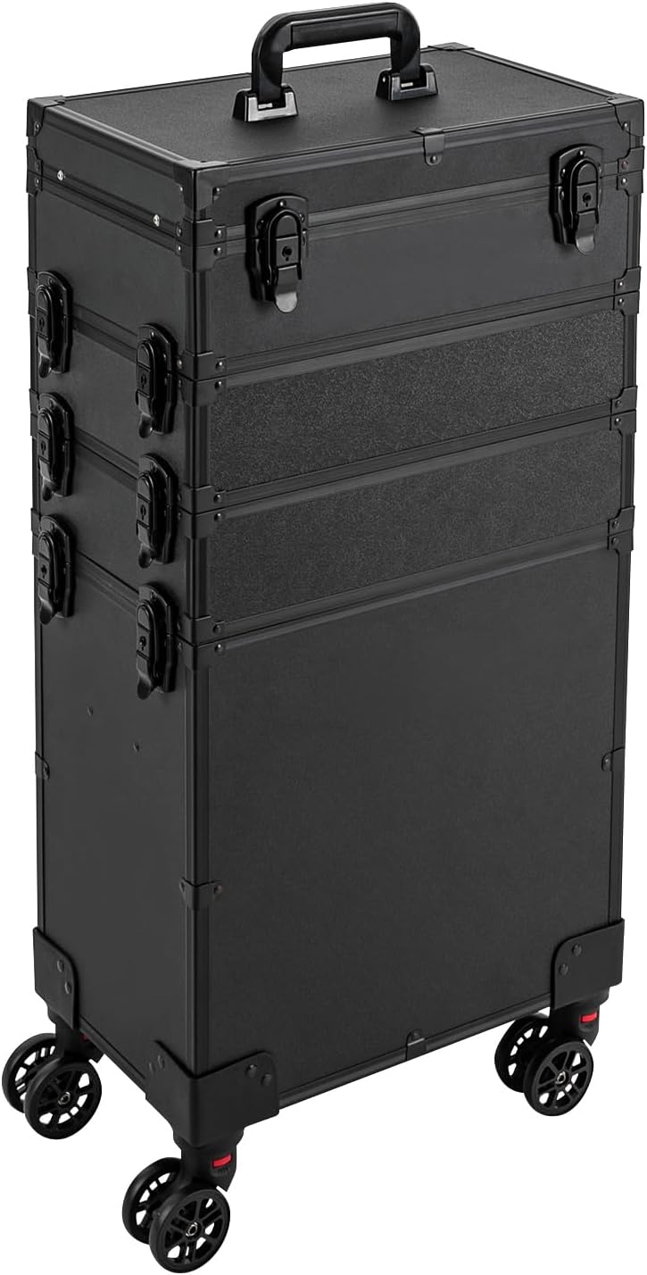 Makeup Train Case, Portable Rolling Trolley Case Makeup Organizer With Lock & Mirror, 5 Tier Large Capacity Makeup Case Organizer With Storage Compartment & 4 LED lights For Make-Up Artists