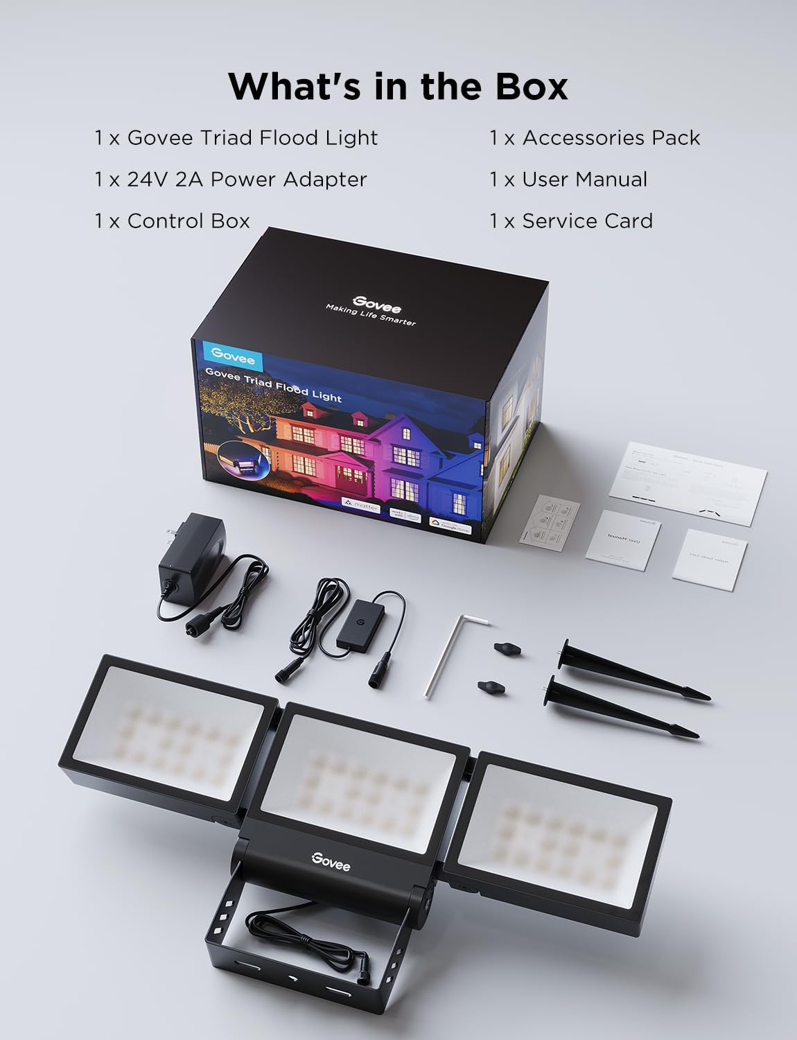 Govee Triad Outdoor Flood Lights, 48W 4500LM RGBIC 3 Head Security Lights, 2700-6500K, IP66 Waterproof, Smart WiFi Outdoor Lights with App Control for Garage, Yard, Porch, Compatible with Alexa