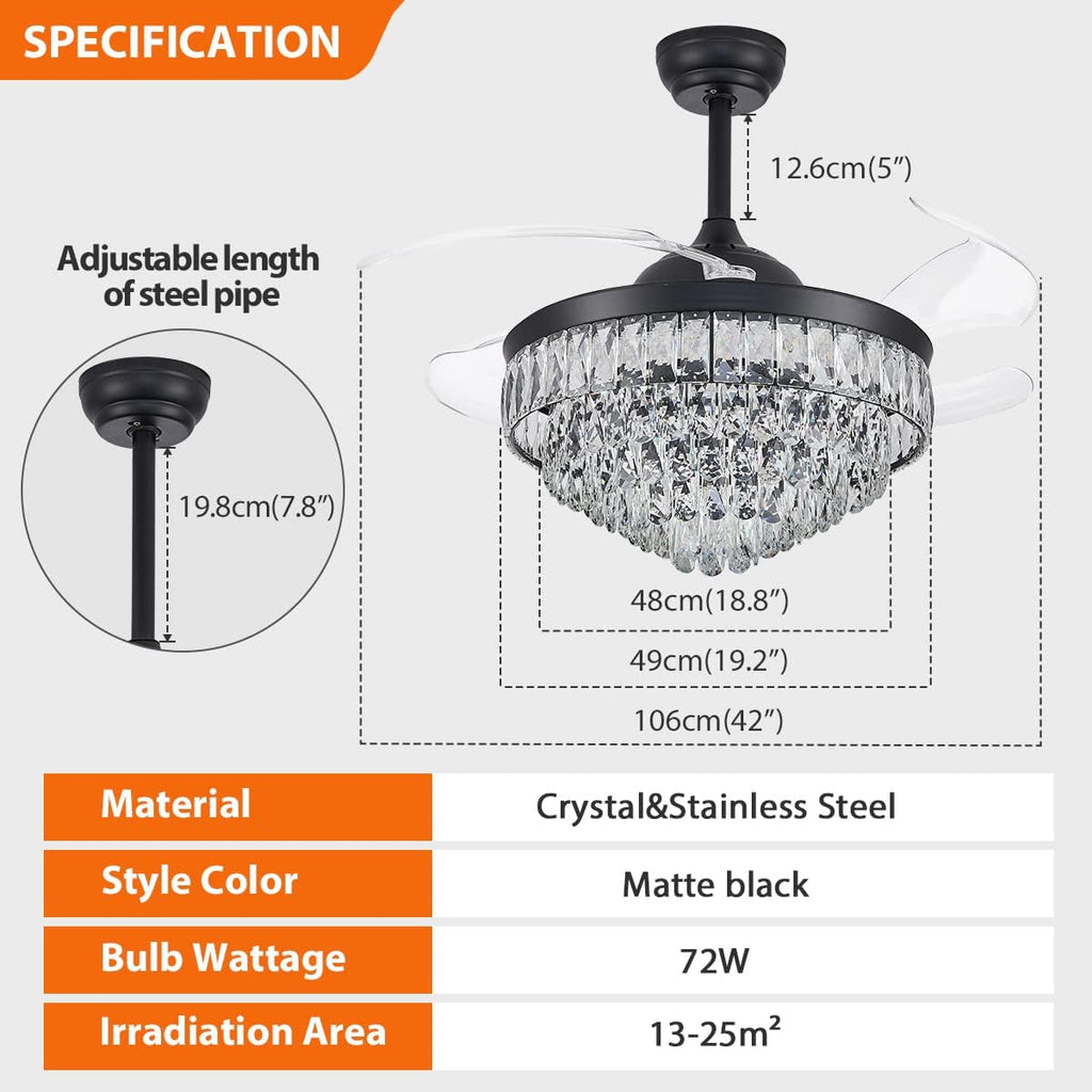 CLAIRDAI 42'' Crystal Fandelier Ceiling Fan with Lights, Stepless Dimmable LED Chandelier Fan, Retractable Blades, Remote & APP Control, 6-Speed Flush Mount for Bedroom Living Room Dining Room