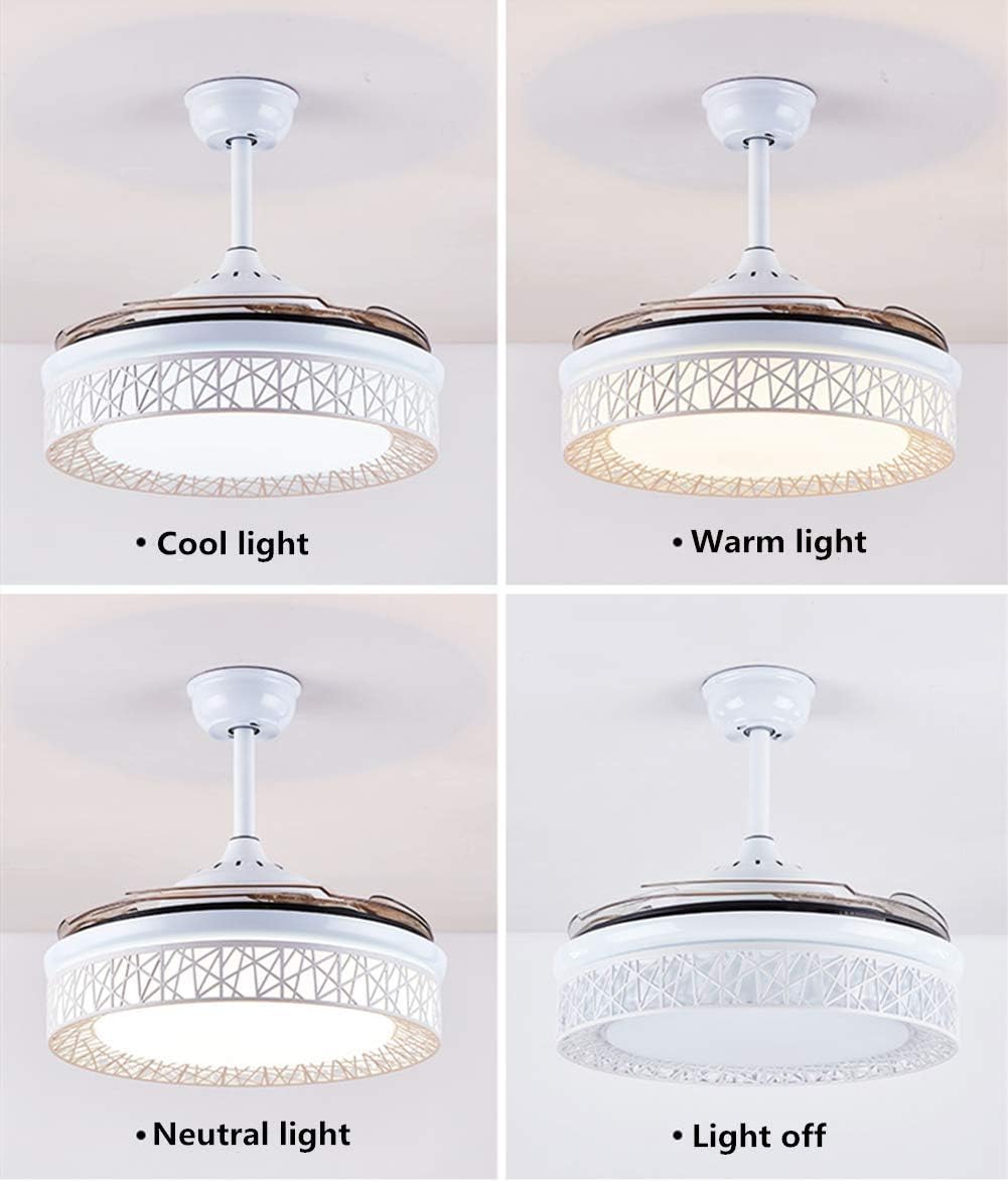 Fandian 42 Inch Modern Ceiling Fans with Light Retractable Blades LED Ceiling Fan 3 Color Change Lighting Chandelier with Remote Control (White)