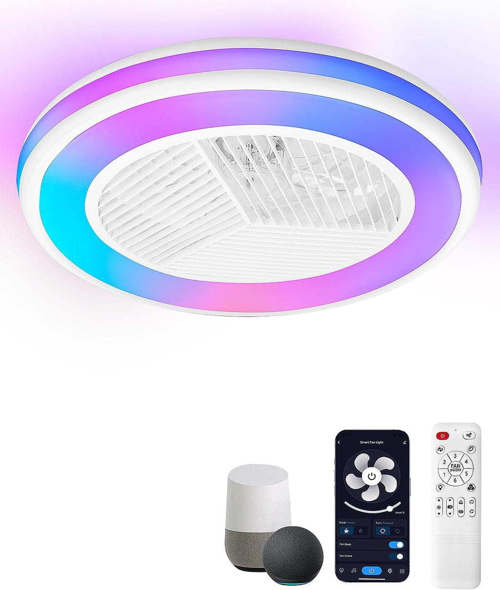 2-in-1 Low Profile Ceiling Fan with Light, 20.1' Caged Safety Design for Kids - RGB Color, Smart APP/Remote Control, Quiet Flush Mount DC Motor, Triangle, Ideal for Bedroom/Living Room/Kitchen, White