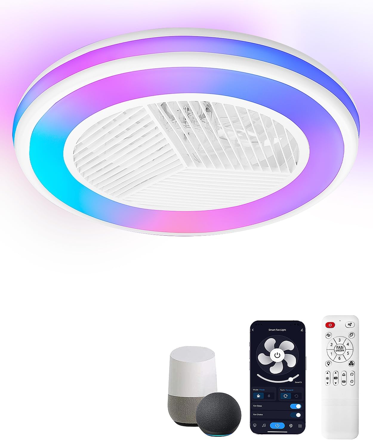 2-in-1 Low Profile Ceiling Fan with Light, 20.1' Caged Safety Design for Kids - RGB Color, Smart APP/Remote Control, Quiet Flush Mount DC Motor, Triangle, Ideal for Bedroom/Living Room/Kitchen, White