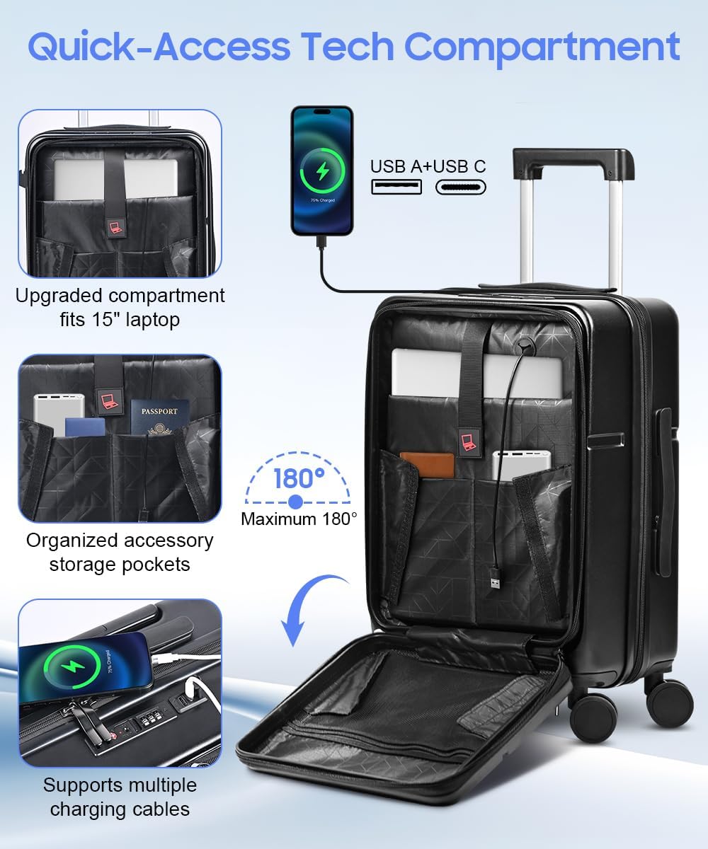 Hard Shell Luggage Set 4 Piece with Spinner Wheels, 20/24/28 Inch Suitcases with TSA Lock, 20in Carry On with Front Laptop Pocket & USB Port, Travel Suitcase Set with Cosmetic Case