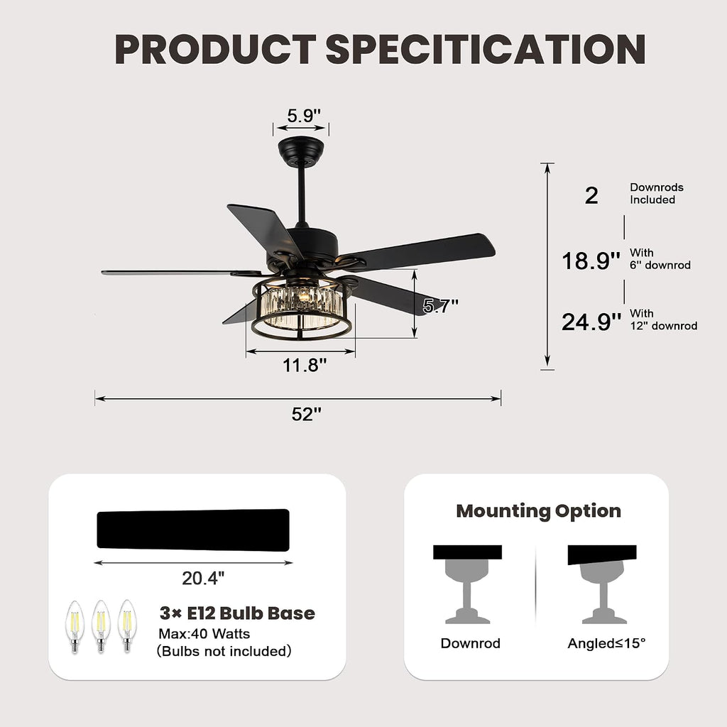 Dawn Whisper 52 Inch Chandelier Ceiling Fans with Lights and Remote Quiet and Reversible DC Motor Black Caged Modern Ceiling Fan for Bedroom Living Room