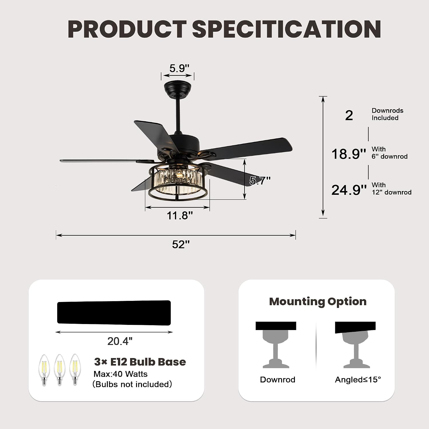 Dawn Whisper 52 Inch Chandelier Ceiling Fans with Lights and Remote Quiet and Reversible DC Motor Black Caged Modern Ceiling Fan for Bedroom Living Room