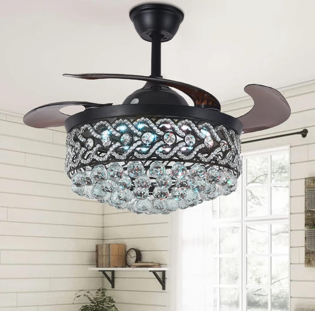 Black Crystal Chandelier Fan, 42' Fandelier Ceiling Fan with Light, Ceiling Fans with Retractable Blades Lights and Remote for Living Dinning Room