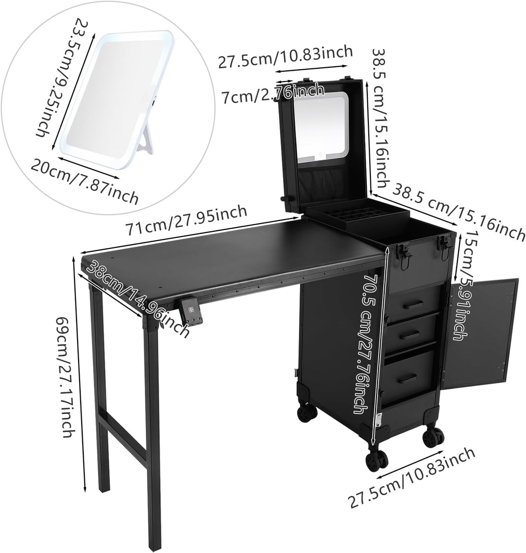 Professional Rolling Makeup Case, Foldable Nail Tables with Detachable Lighted Mirror, Travel Cosmetic Trolley Storage Organizer with Drawers, Manicure for Artist (Black 3)