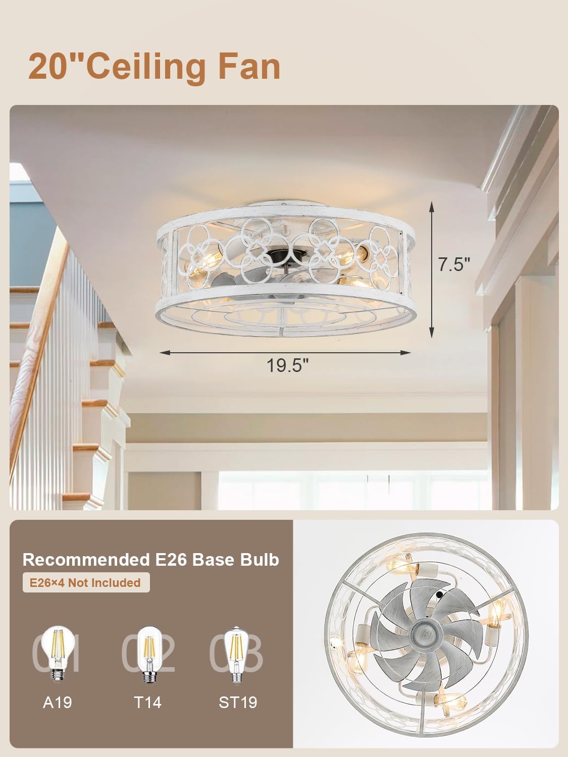 20' Caged Ceiling Fan with Light, Fandelier Ceiling Fan with Light, Low Profile Flush Mount for Bedroom, Living Room
