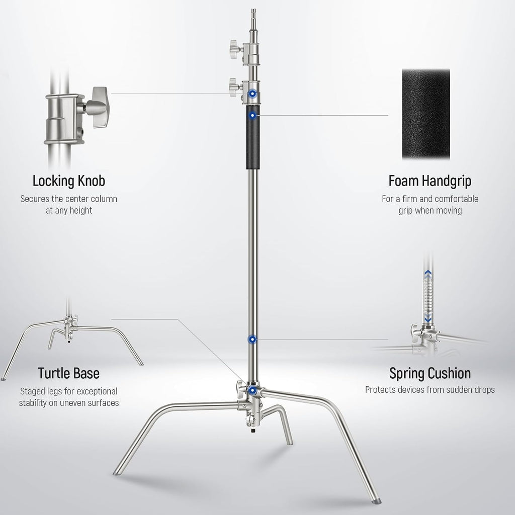NEEWER Basics 100% Stainless Steel Heavy Duty C Stand with Boom Arm, Max 10.5ft/320cm Photography Light Stand, 4.2ft/128cm Holding, 2 Grip Heads for Studio Monolight Softbox Reflector, SC320 Lite
