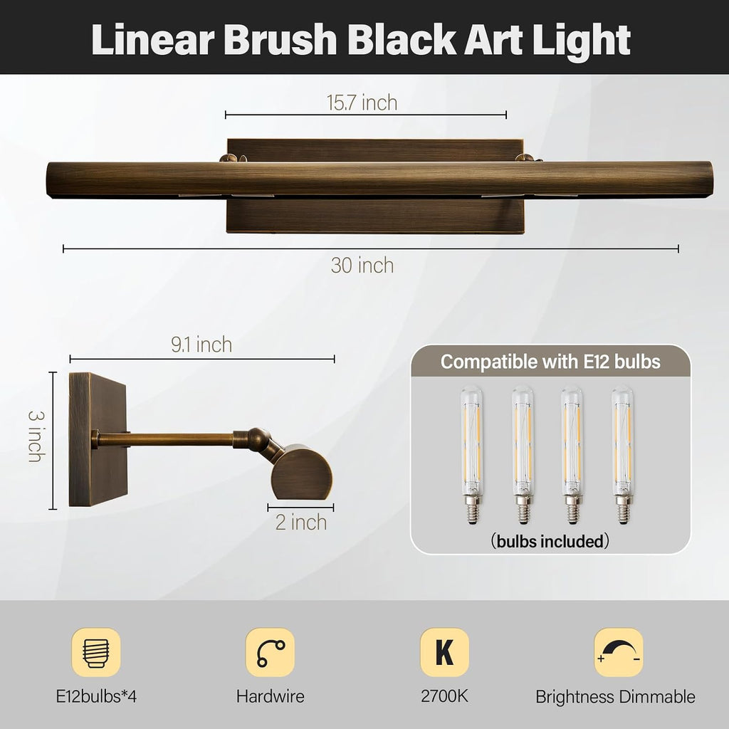 Art Picture Frame Wall Light: 30' Dimmable Antiquing Artwork Copper Painting Spotlight - Hardwired Swing Arm Rotatable 4 Lights over Pictures - Linear Accent Lighting above Photo for Gallery Museum