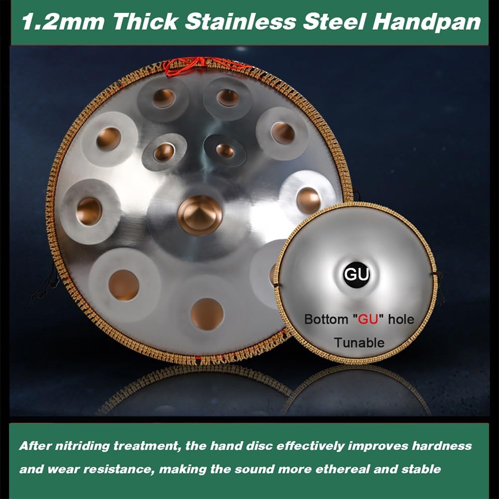 Steel Drum Handpan 22 Inches Adults Hand Pan Drum D Minor Kurd 432/440Hz 9/10/12 Notes Hand Pan Drums Instrument with Soft Bag, Mallets, Stand(440HZ/9Note)