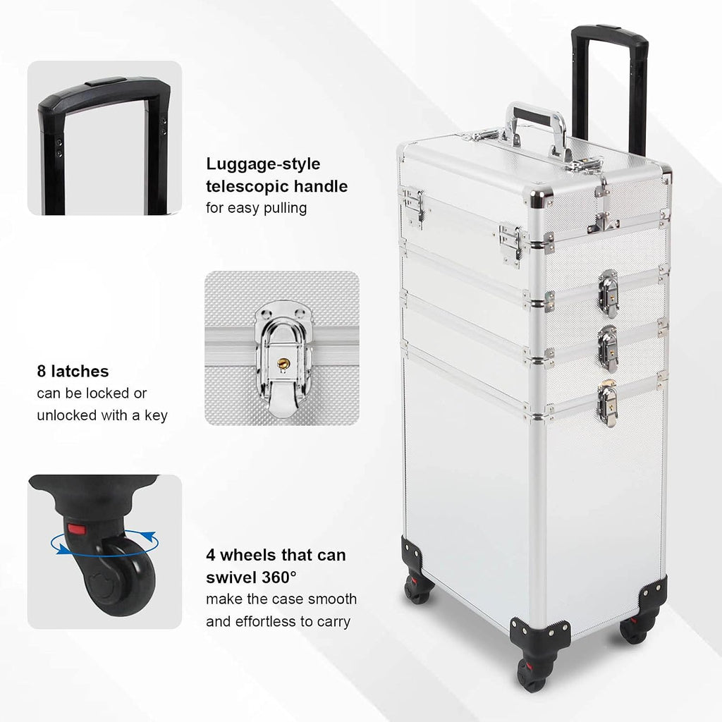 4 in 1 Rolling Makeup Train Case, Large Storage Cosmetic Trolley Makeup Travel Case with Key & Wheels Salon Barber Case Traveling Cart Trunk (SILVER)