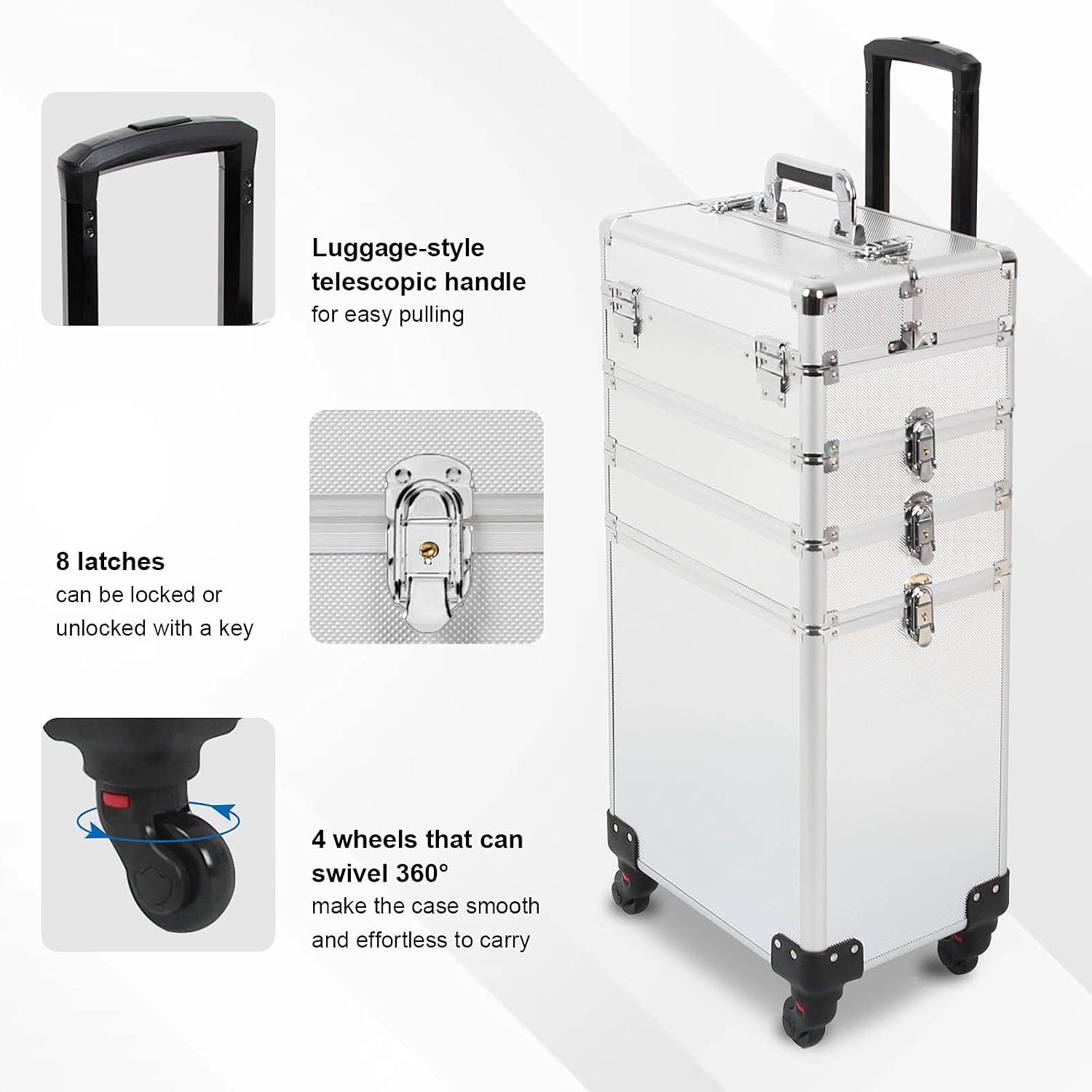 4 in 1 Rolling Makeup Train Case, Large Storage Cosmetic Trolley Makeup Travel Case with Key & Wheels Salon Barber Case Traveling Cart Trunk (SILVER)