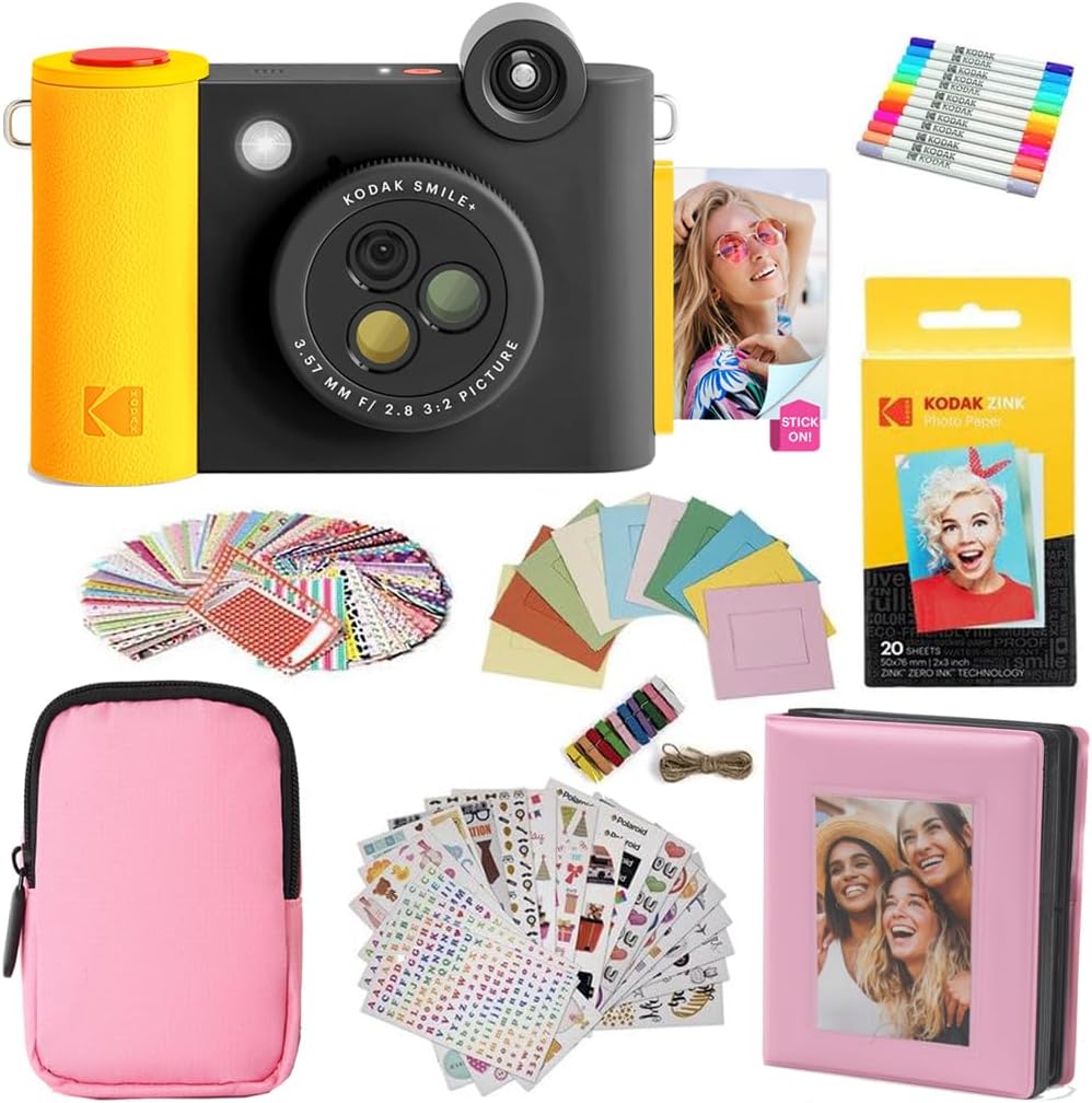 KODAK Smile+ 2-in-1 Digital Instant Print Camera & Photo Printer Gift Bundle + Case + Zink 20pk 2x3 Sticky Back Photo Paper + Album + Sticker Sets + Sticker Frames + Hanging Frames + Markers - Black