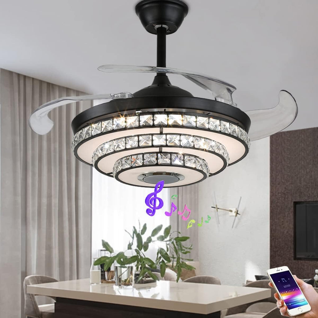 42' Retractable Fandelier Ceiling Fans with Lights Remote Control, Modern Crystal Chandelier with Bluetooth Speaker Reversible Silent Motor 7 Colorul Lighting 6 Speed for Living Room Bedroom