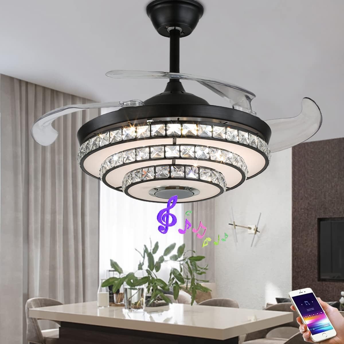 42' Retractable Fandelier Ceiling Fans with Lights Remote Control, Modern Crystal Chandelier with Bluetooth Speaker Reversible Silent Motor 7 Colorul Lighting 6 Speed for Living Room Bedroom