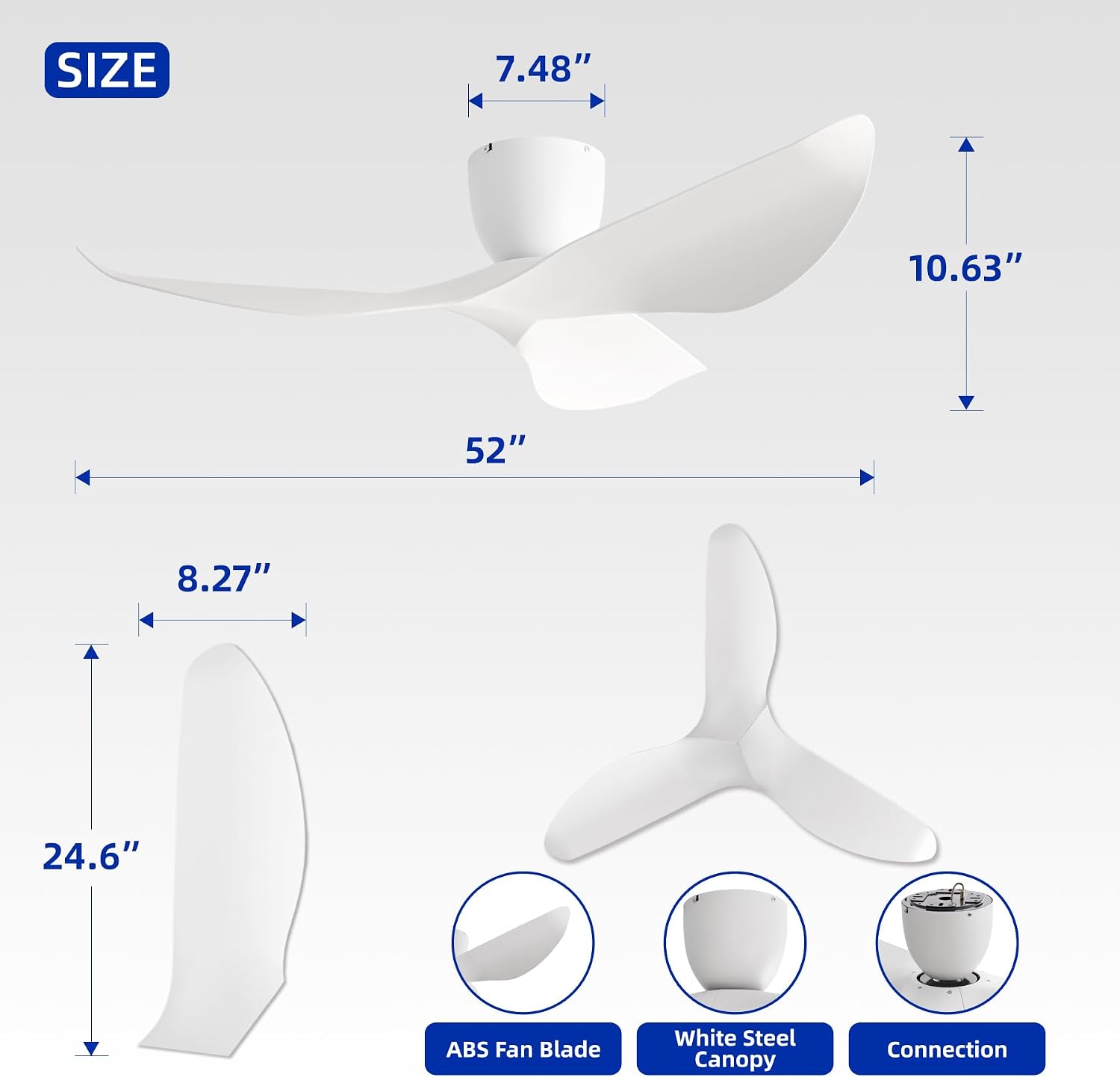 52' White Flush Mount Ceiling Fan with Remote, No Light | Modern Low-Profile, Heat Resistant ABS Blades, 6-Speed Reversible Quiet DC Motor for Balcony, Living Room, Bedroom