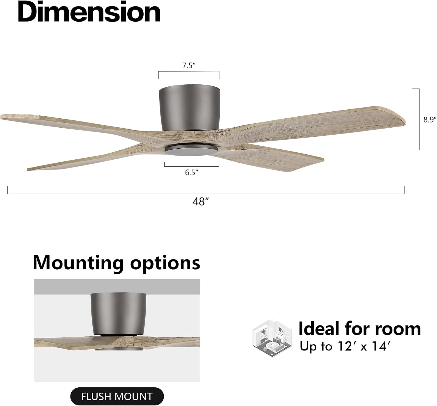 WINGBO 48 Inch Flush Mount DC Ceiling Fan without Lights, 4 Reversible Carved Wood Blades, 6-Speed Noiseless DC Motor, Hugger Ceiling Fan No Lights in Graphite Finish with Gray Blades, ETL Listed