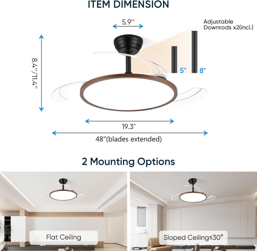 48 Inch Retractable Ceiling Fan with Lights, Fandelier Ceiling Fan for Bedroom Living Room Dinning Room, Chandelier with Fan 6 Speed, 3 Color Temperature, Reversible DC Motor-Black