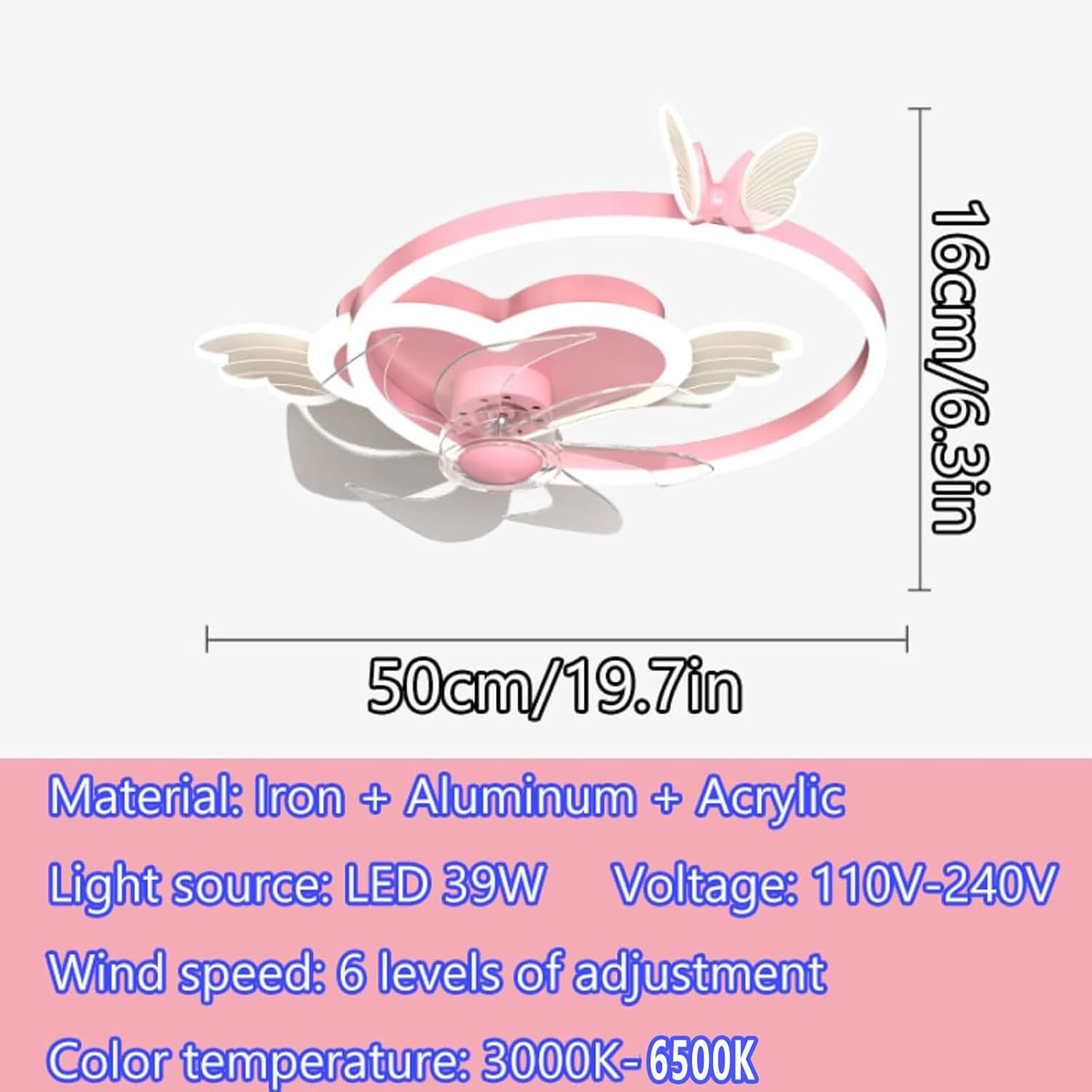 Butterfly Ceiling Fan with Light Pink Ceiling Fan with Light for Girls Room Heart Shape Dimmable LED Fan Light with Remote Control Kids Bedroom Ceiling Fan, 6 Speed Reversible Fan