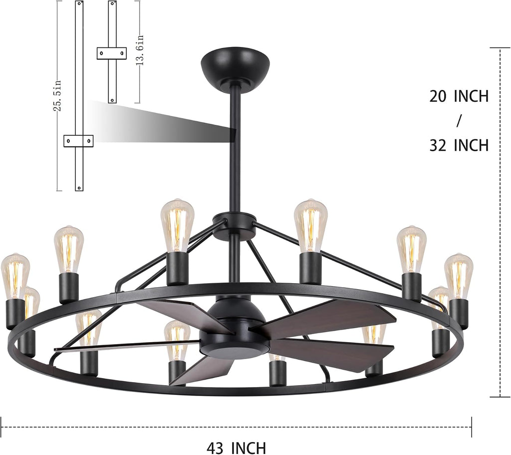 She's home 43' Black Wagon Wheel Chandelier Fan with Light, 12-Lights Large Round Candle Farmhouse Fandelier Ceiling Fan with Light Fixture for Living Room, Dining Room, Height Adjustable