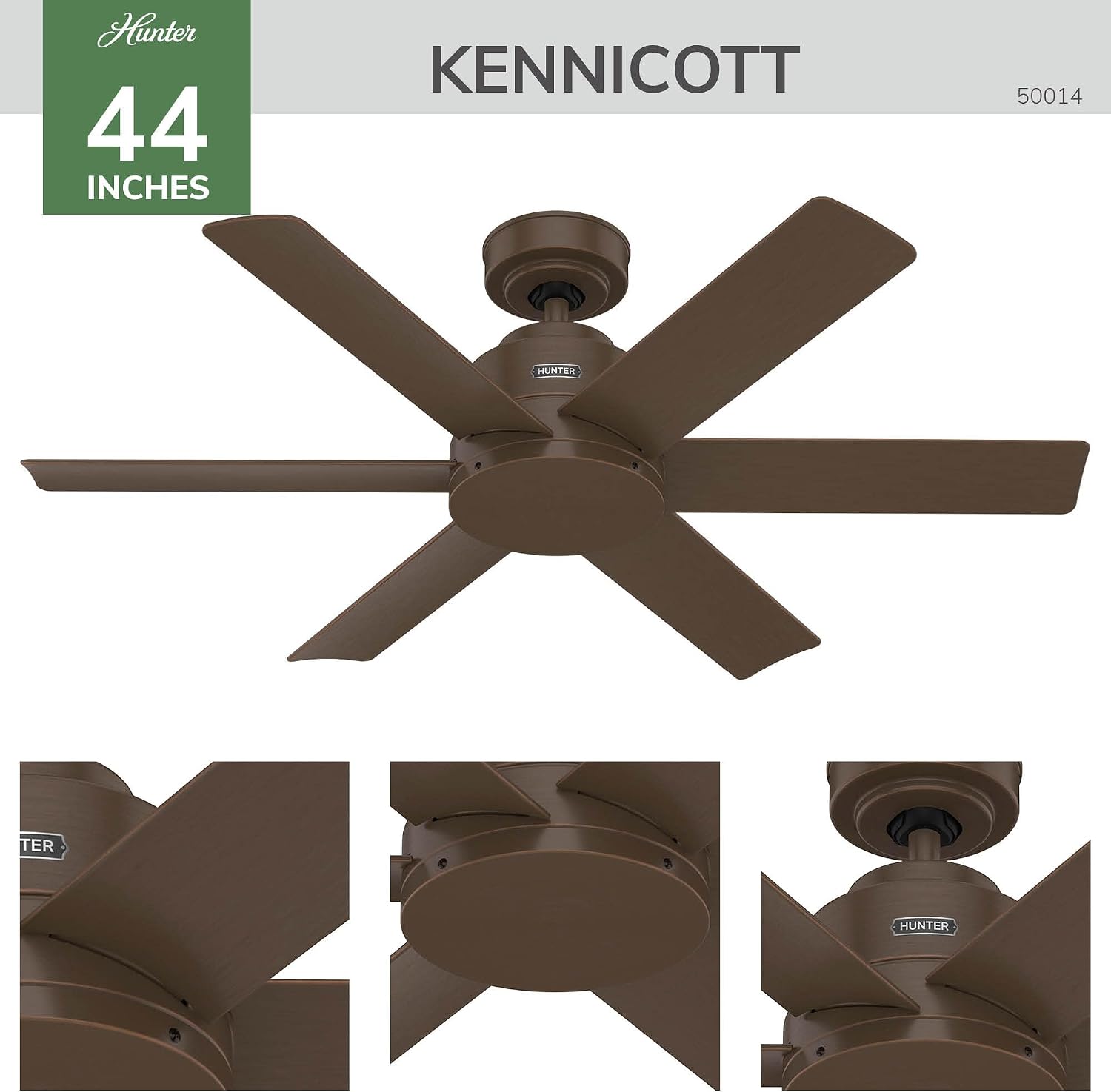 Hunter 44' Kennicott Indoor/Outdoor Ceiling Fan, Wall Control, Matte Bronze | SureSpeed high velocity airflow and no-light design suit covered patios, porches, offices, or small rooms with easy setup.