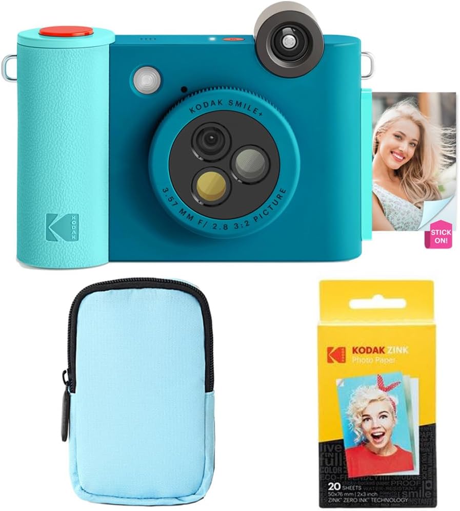 KODAK Smile+ 2-in-1 Digital Instant Print Camera & Wireless Bluetooth Photo Printer Starter Bundle + Deluxe Case + Zink 20pk Sticky-Back Photo Paper - 10MP, Special-Effect Rotating Lens - Blue