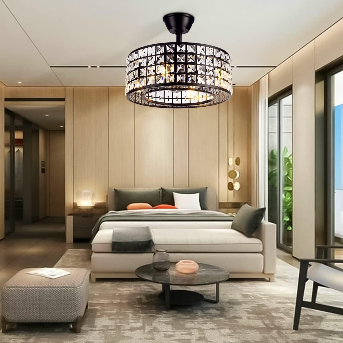 Crystal Ceiling Fan with Light and Remote, Black Caged Chandelier Fan 3 Speeds Timer Industrial Bladeless Dimmable Fandelier for Bedroom Dinning Room