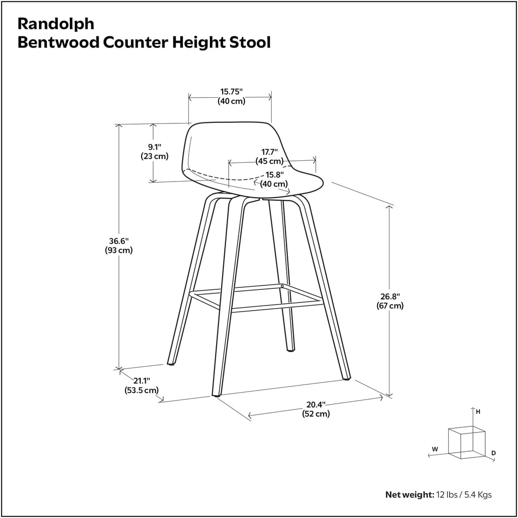 SIMPLIHOME Randolph Counter Stools (Set of 2) - 28 Inch Seat Height Upholstered Bentwood Bar Stools in Medium Blue Linen Look Fabric, Mid Century Modern Seating with Curved Backrest and Footrest