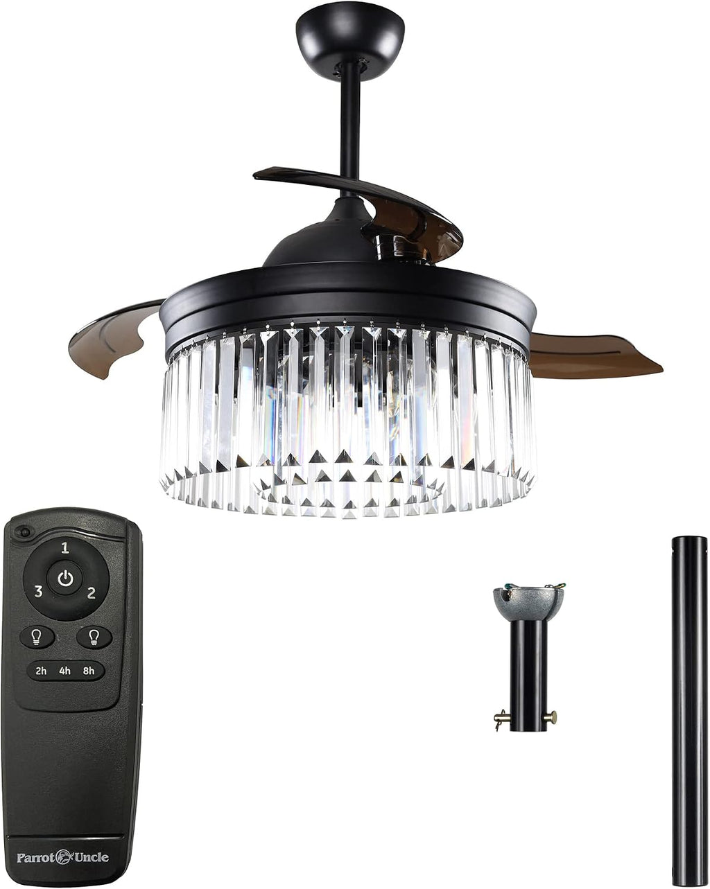 Parrot Uncle Ceiling Fans with Lights and Remote Black Chandelier Ceiling Fan with Light for Bedroom, Retractable Blades, 42 Inch