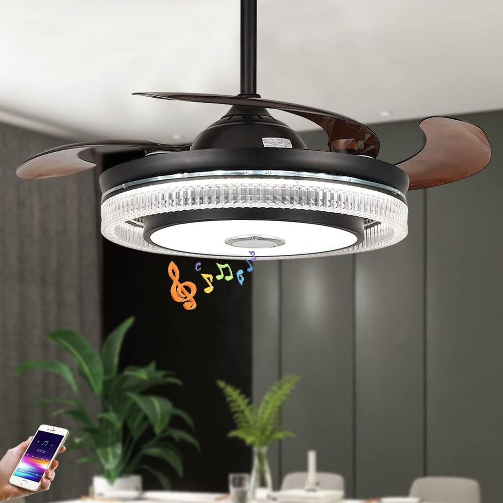 42' Retractable Fandelier Ceiling Fans with Lights Remote Control, Modern Crystal Chandelier Fan with Bluetooth Speaker 7 Dimmable 6 Speed Resverse Motor for Bedroom Living Dining Room, Black