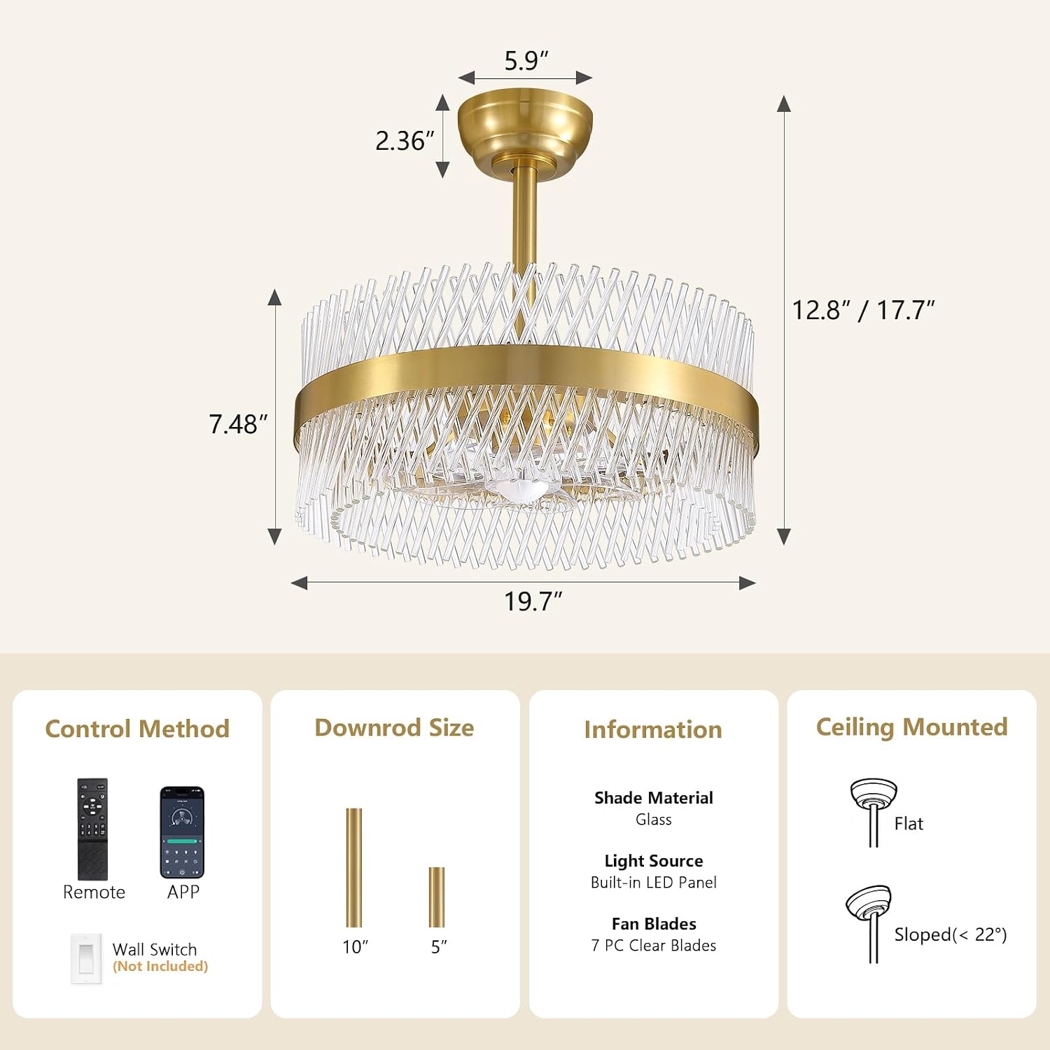 NOXARTE 20 Inch Fandelier Ceiling Fans with Light, Crystal Chandelier Fan, Gold Ceiling Fan with Remote, Modern Fandelier with 6 Reverse Speed, 3CCT, Dimmable, Timer for Bedroom,Living Room