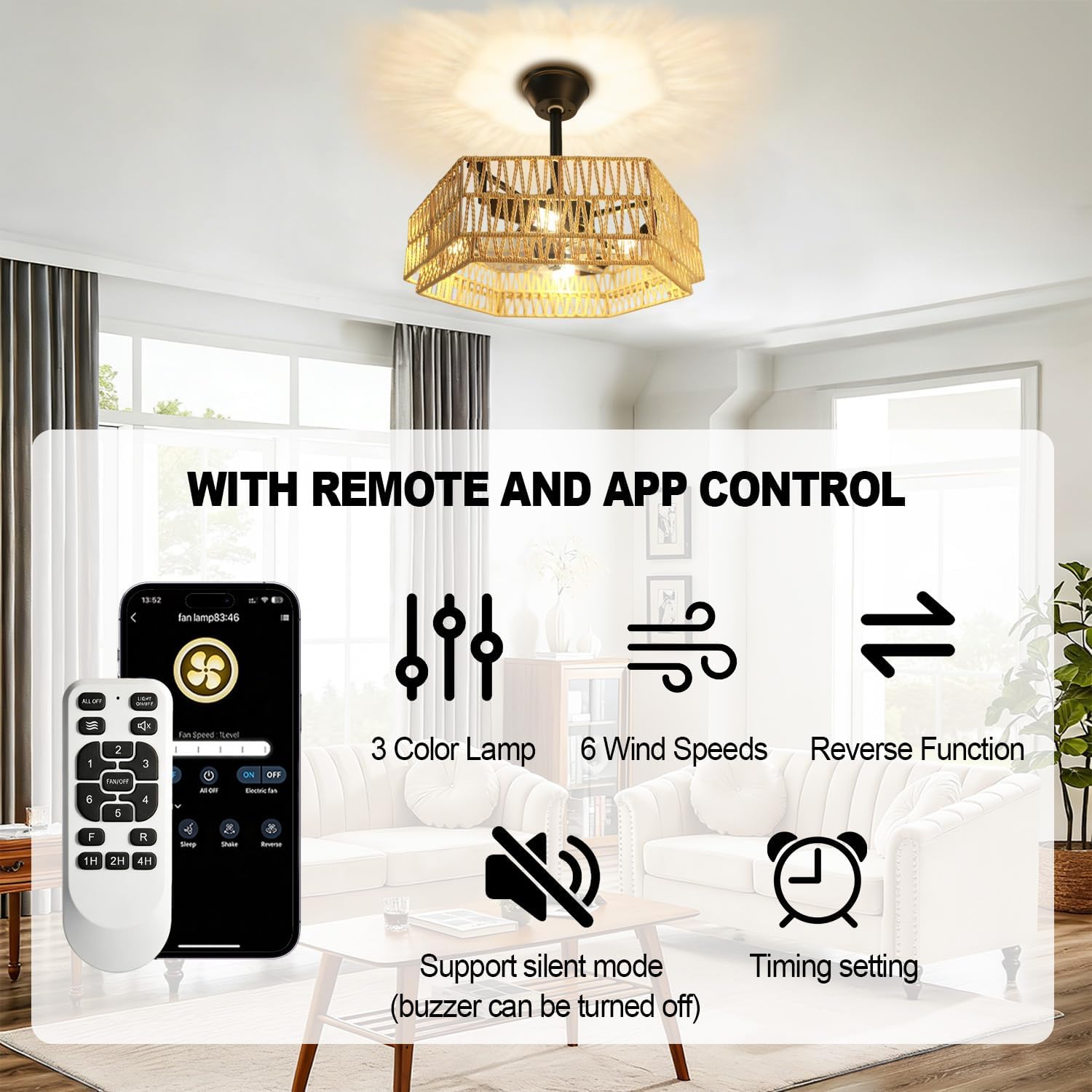 Ceiling Fans with Lights Flush Mount, 20 Inch Caged Low Profile Ceiling Fans with 3 Mode Lighting and Remote Control with E26 Bulbs for Bedroom, Nursery, Garage (Yellow (Hexagon))