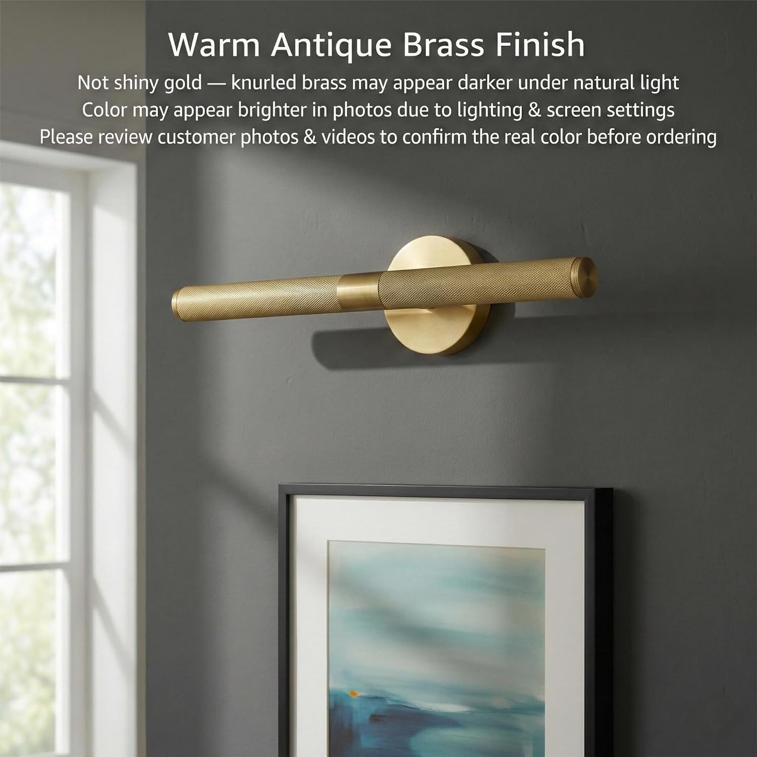Hard-wired Knurled Picture Light, 19in Brass Picture Light for Wall, Dimmable Gold Art Lights, Rotatable 360° Sconce for Pictures Frame, Painting Wall Lights, Bathroom Wall Sconce, E12 Bulbs Included
