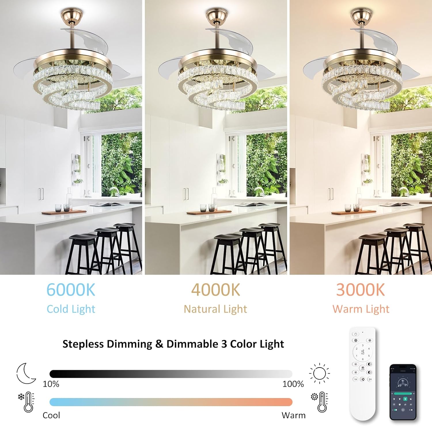 42'' Dimmable Ceiling Fan with Light and Remote Crystal Modern Chandelier Fan Retractable Fandelier with Memory, Silent Motor, 6 Speed, 3 Color Change, Timer Function(Gold)