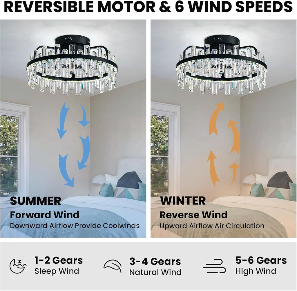 20' Crystal Ceiling Fans with Lights Remote Control Dimmable 6 Speeds Reverible Timer Black Fandelier for Bedroom Dining Room Living Room