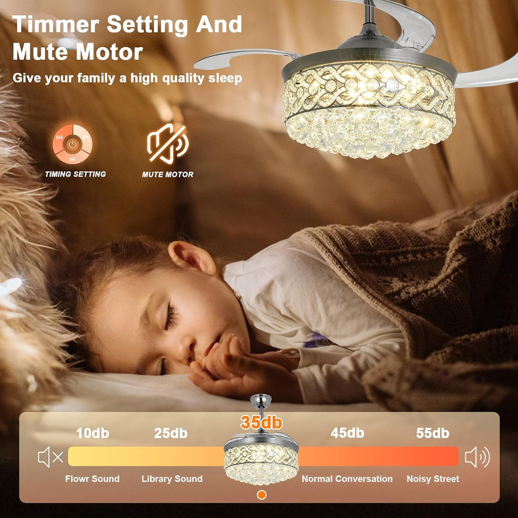 BIGBANBAN 42' Crystal Chandelier Fan with Light Remote Control, Silver Retractable Ceiling Fan 3 Colors LED Light 3 Speeds Modern Smart Fandelier for Dinning Room Bedroom