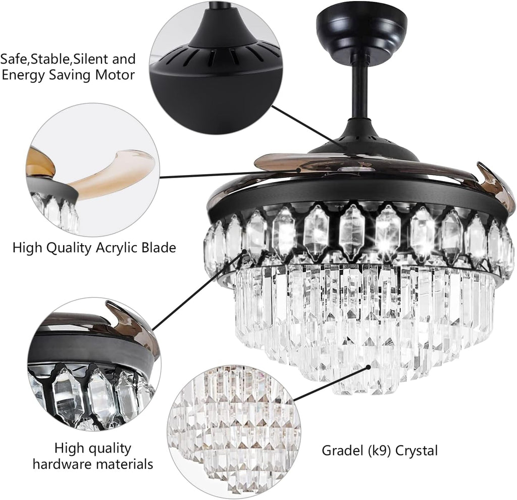 RuiWing 42' Crystal Ceiling Fans with Lights Retractable Blades LED Chandelier Remote Control 3 Different Lighting Mode Dimmable Fandelier for Bedroom Living Room