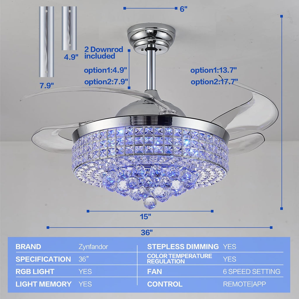 36' Bluetooth Ceiling Fan with Light and Speaker,RGB Retractable Blades Crystal Fandelier Music Player LED Chandelier 6-Speed APP Control Timer Remote Control for Bedroom Silver