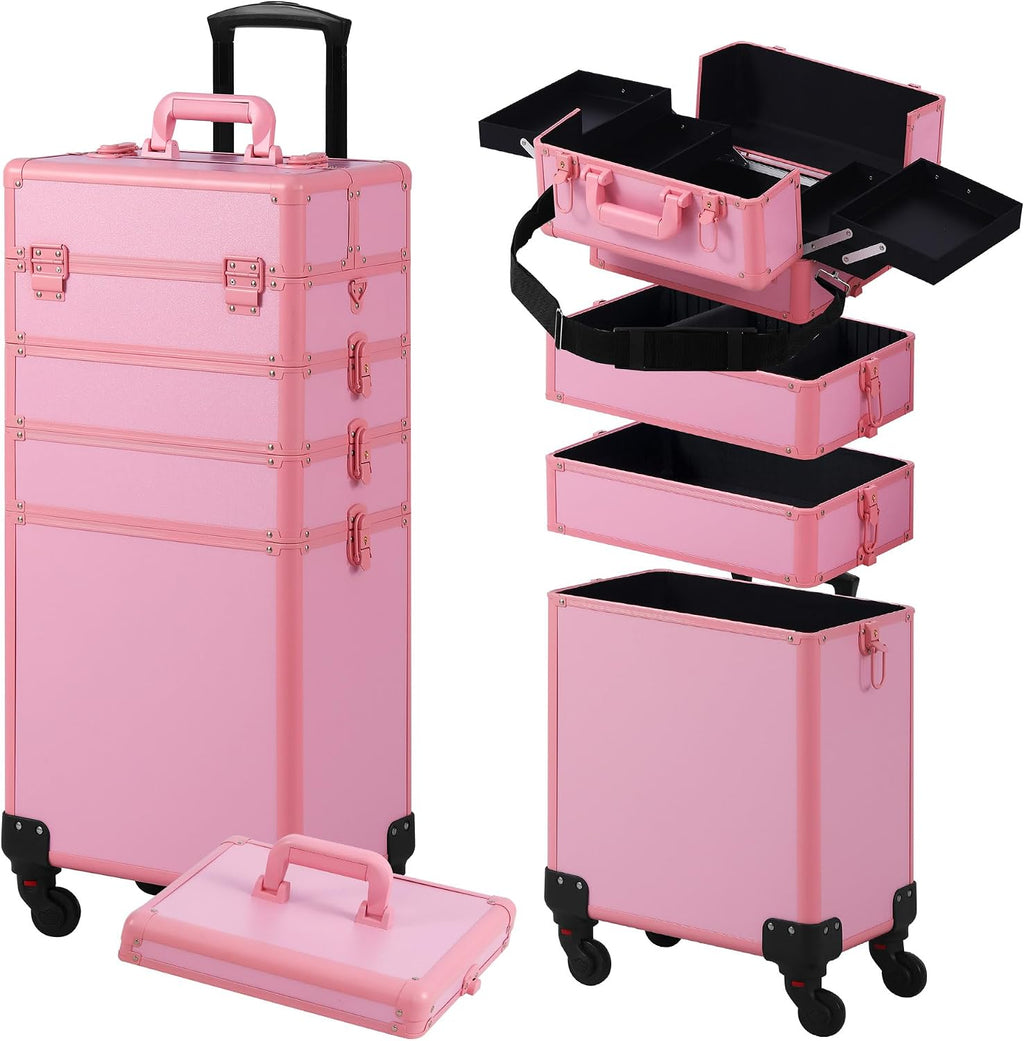 Somduy Makeup Train Case, Rolling Makeup Case with Lid, 5 in 1 Cosmetology Case on Wheels, Christmas Gift, Large Makeup Case Organizers, Profesional Cosmetic Case for Salon Barber, Pink