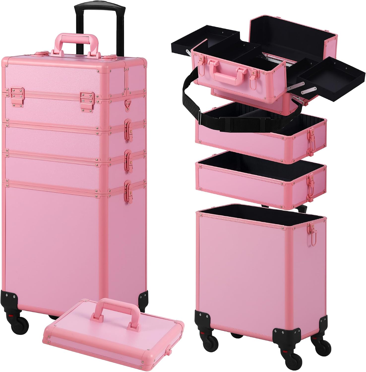 Somduy Makeup Train Case, Rolling Makeup Case with Lid, 5 in 1 Cosmetology Case on Wheels, Christmas Gift, Large Makeup Case Organizers, Profesional Cosmetic Case for Salon Barber, Pink