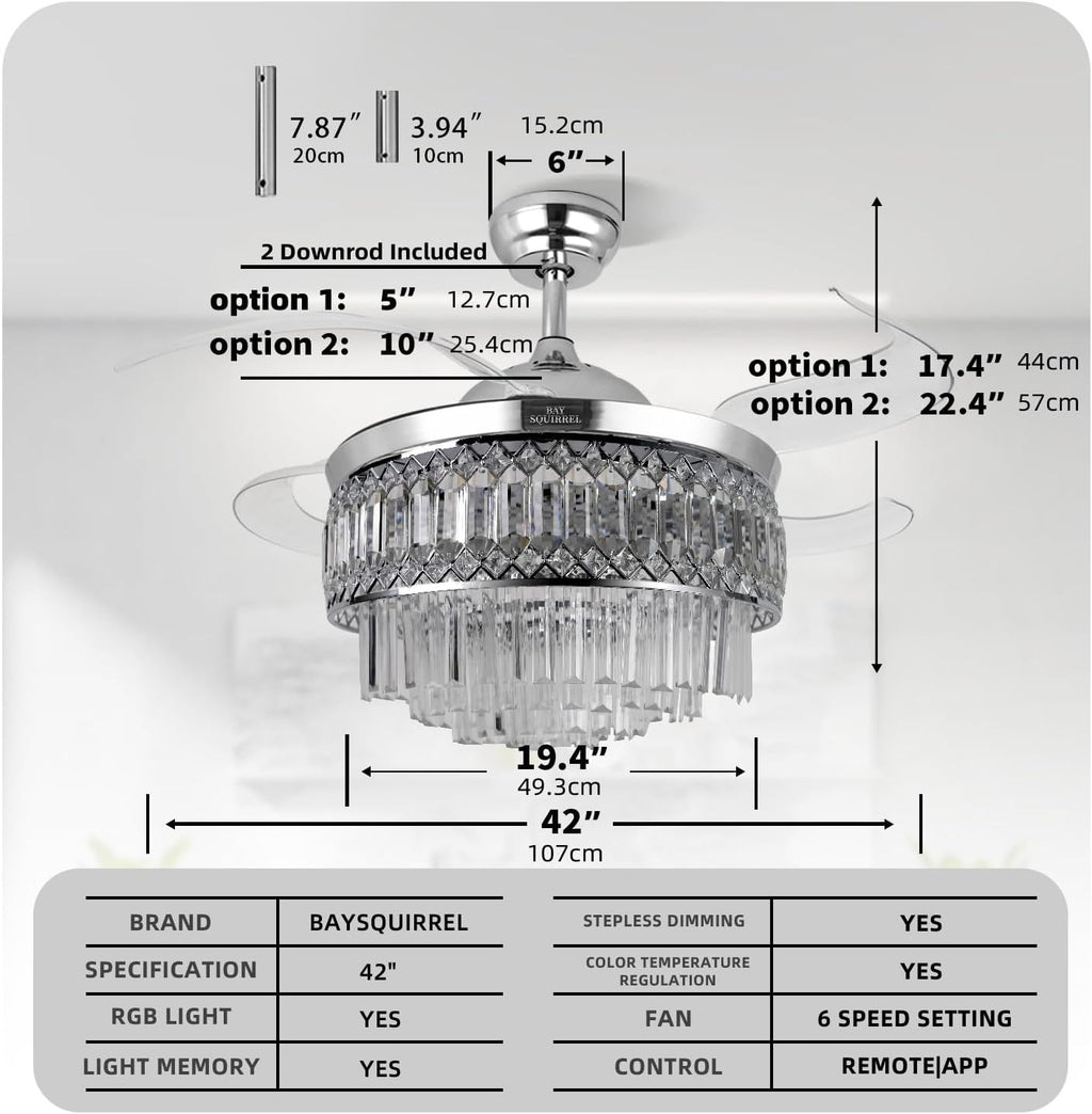 Retractable Crystal Ceiling Fan with Lights, Bluetooth Ceiling Fan with Speaker, 6-Speed Reversible Blades, RGB-LED Light, Remote & APP Control Crystal Chandelier for Bedroom Living Room 42'