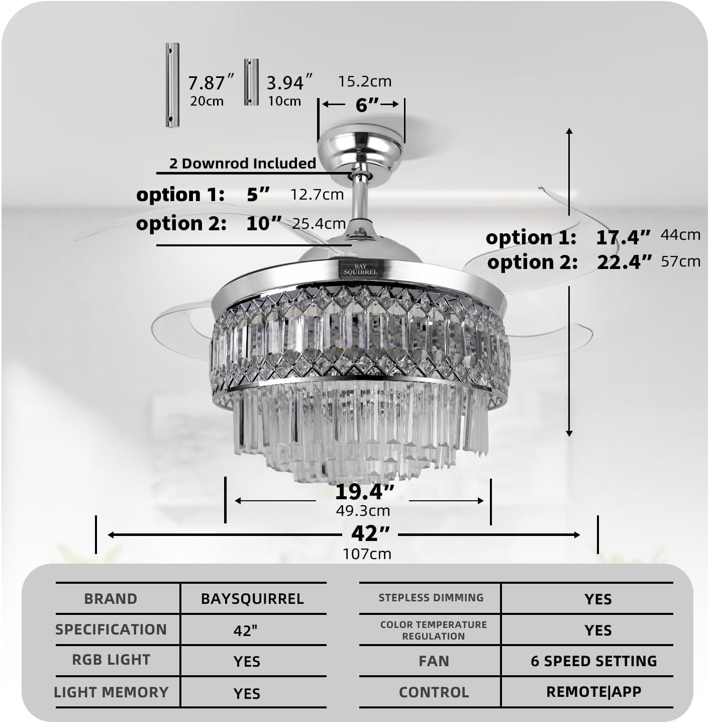 Retractable Crystal Ceiling Fan with Lights, Bluetooth Ceiling Fan with Speaker, 6-Speed Reversible Blades, RGB-LED Light, Remote & APP Control Crystal Chandelier for Bedroom Living Room 42'