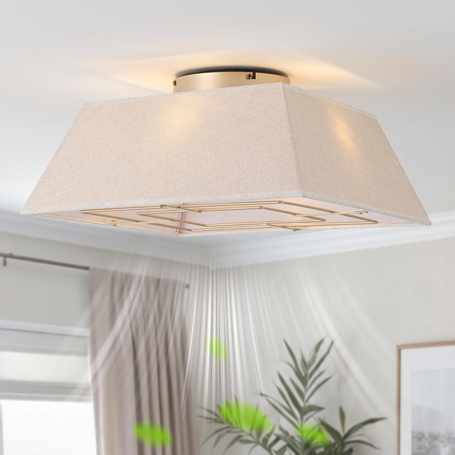 20' Boho Ceiling Fans with Lights Flush Mount, Bladeless Ceiling Fan with Light Remote Control, Square with 6 Speeds for Bedroom, Living Room, Nursery (Yellow)