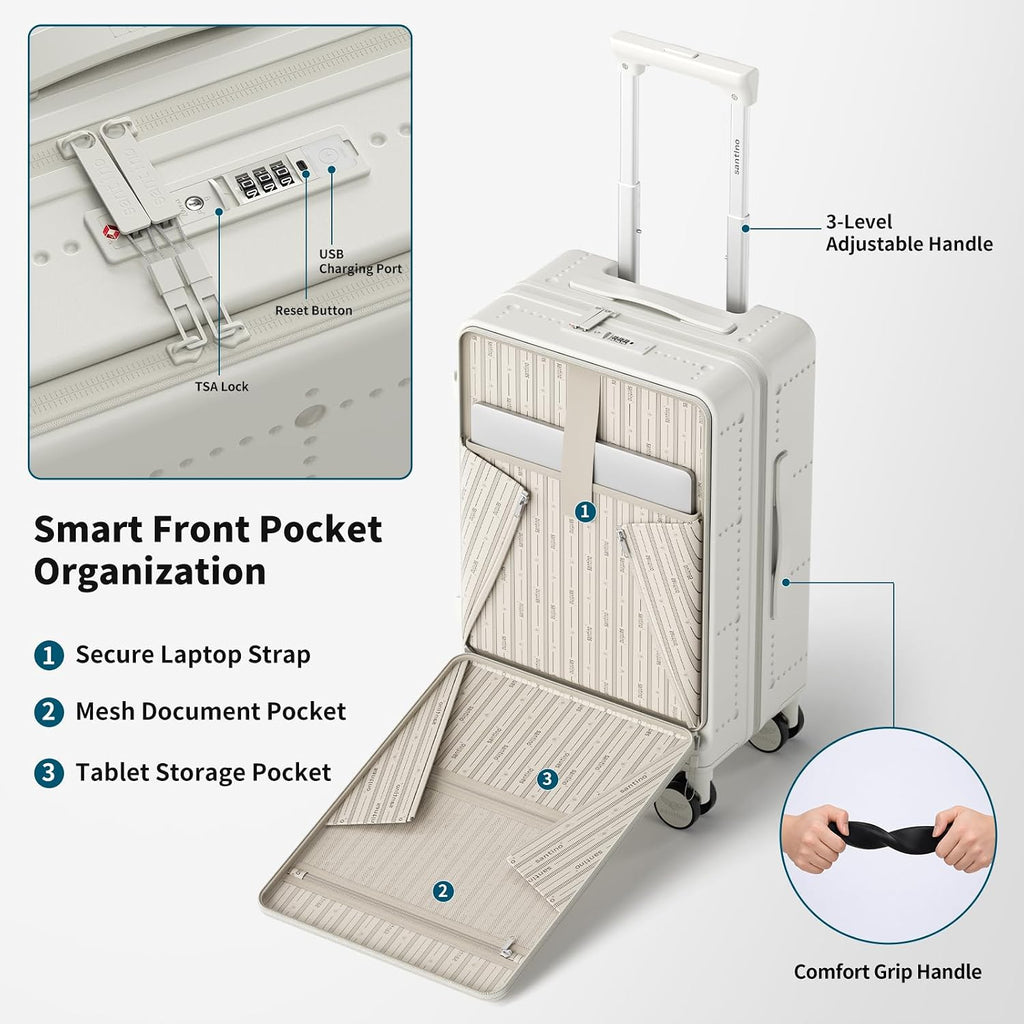 Santino Carry On Luggage 22x14x9 Airline Approved 20 Inch baggage pc Hard Shell Suitcase with Spinner Wheels TSA Lock with USB Port and Cup Holder and phone holder Top Opening Suitcase