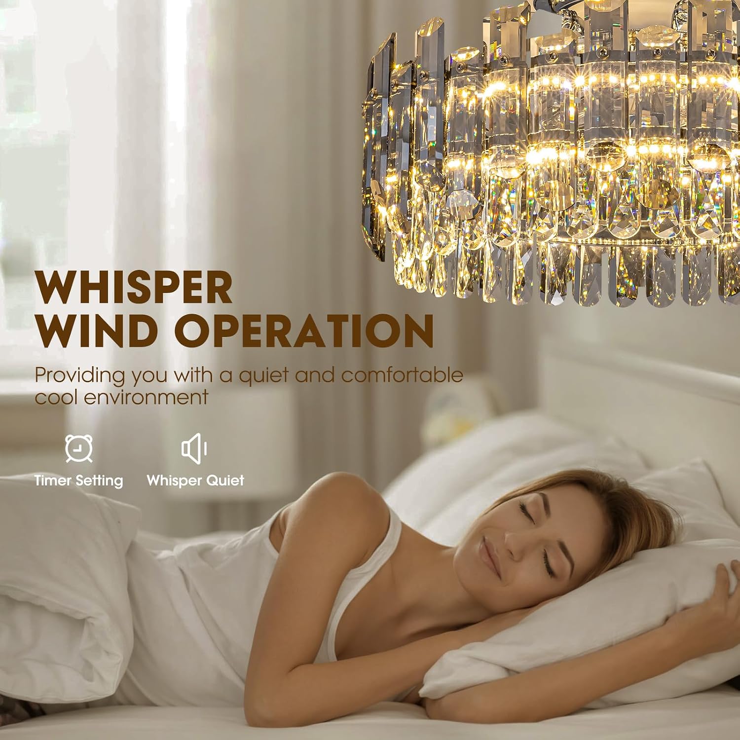 Crystal Ceiling Fan with Lights, Modern Chandelier Ceiling Fan with Remote, 6-Speed Wind, Dimmable LED, 20' Low Profile Ceiling Fan for Bedroom Dining Room Living Room