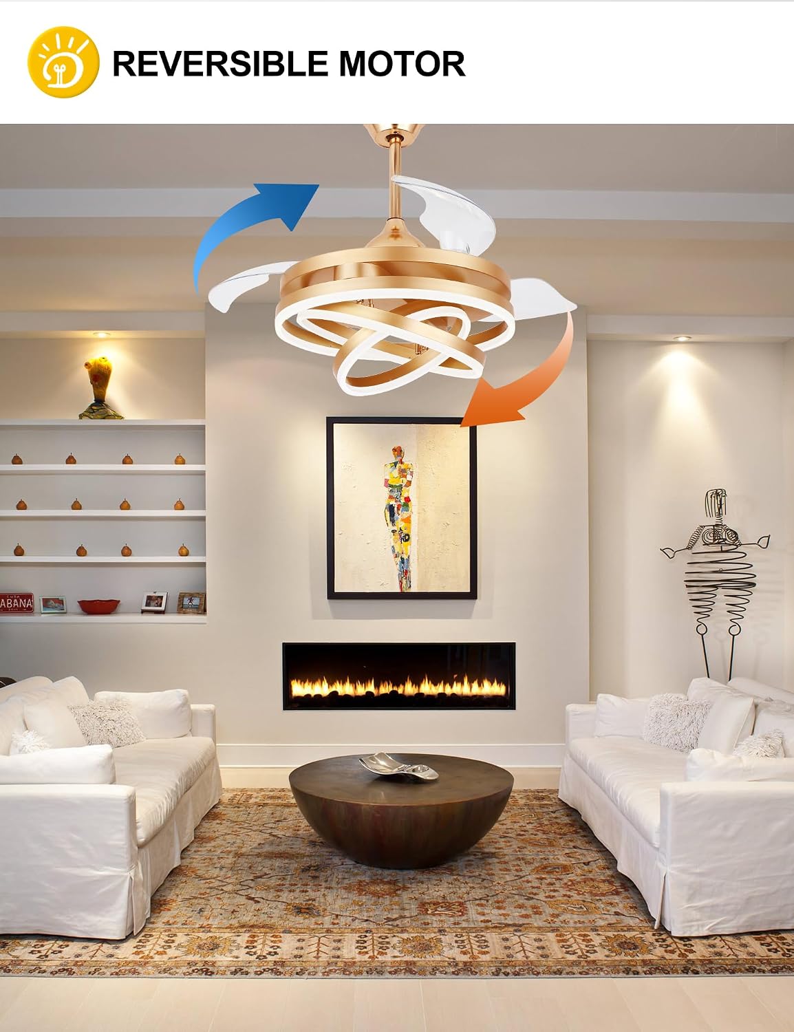 Dawn Whisper 42 Inch Retractable Ceiling Fans Modern Gold Chandelier Ceiling Fans with Lights for Bedroom Living Room Quite DC Motor 6 Speeds 3 Color Dimmable LED Light