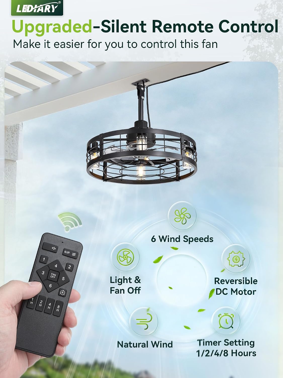 LEDIARY 22' Outdoor Ceiling Fans with Light, Waterproof Gazebo Fan with Hanging Hook, Plug in Ceiling Fan with Remote,Caged Ceiling Fan with 6 Speed Timer for Patio, Porch, Pergola, Black
